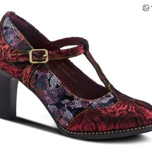 L’ARTISTE By Spring Step Mazie Bordeaux Floral Leather T-Strap  Heel Shoes, 40